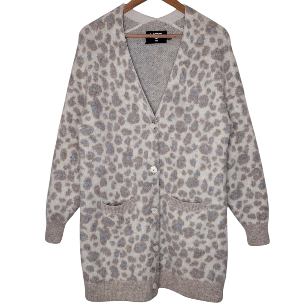 UGG RTW Alpaca Wool Blend Leopard Print Gray Cream Cardigan Sz M